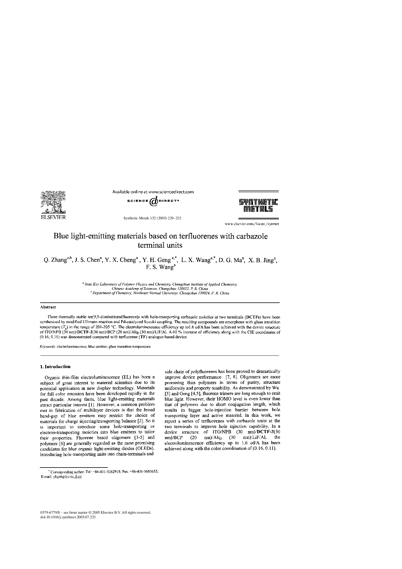 Blue light-emitting materials based on terfluorenes with carbazole terminal units