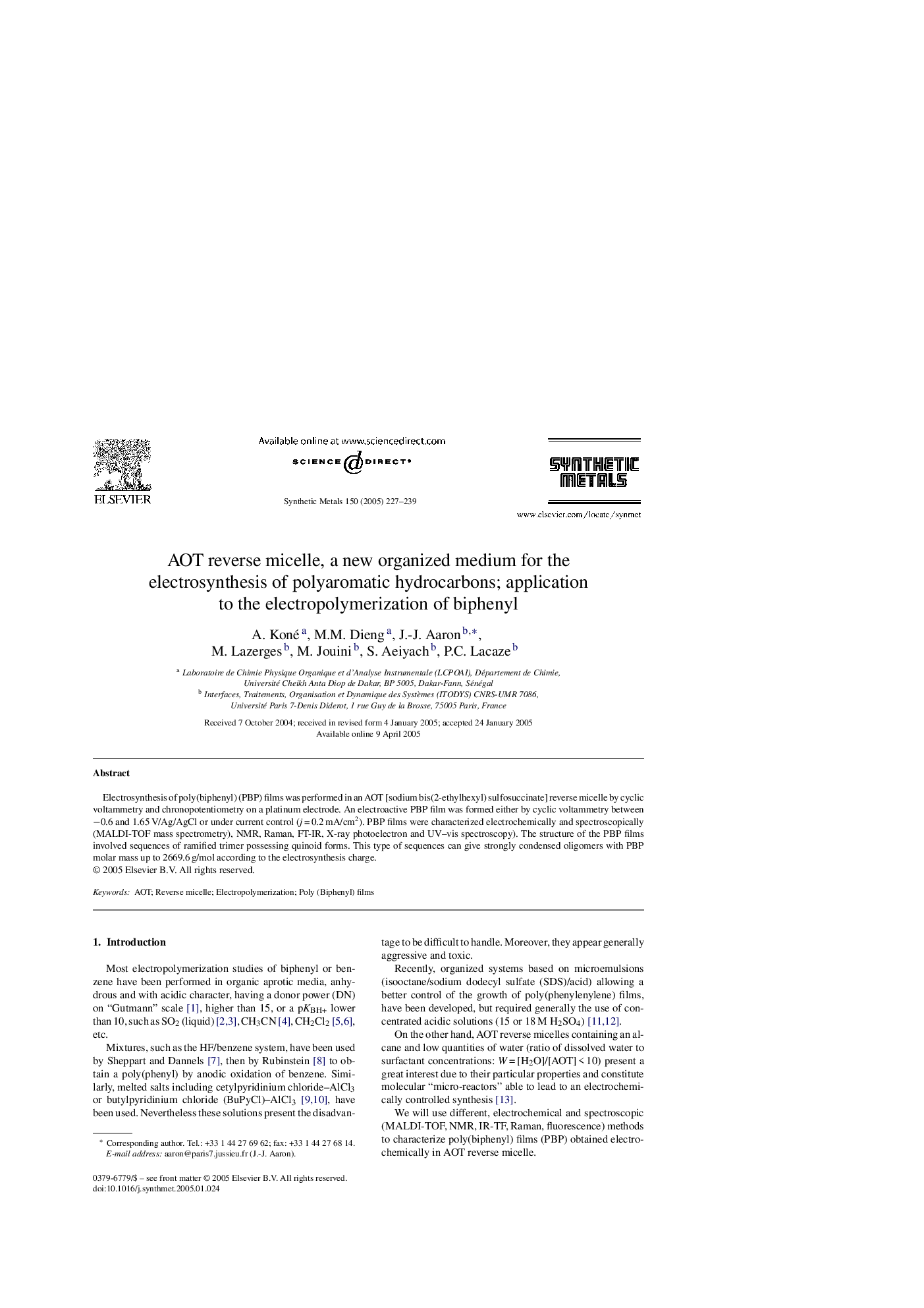 AOT reverse micelle, a new organized medium for the electrosynthesis of polyaromatic hydrocarbons; application to the electropolymerization of biphenyl