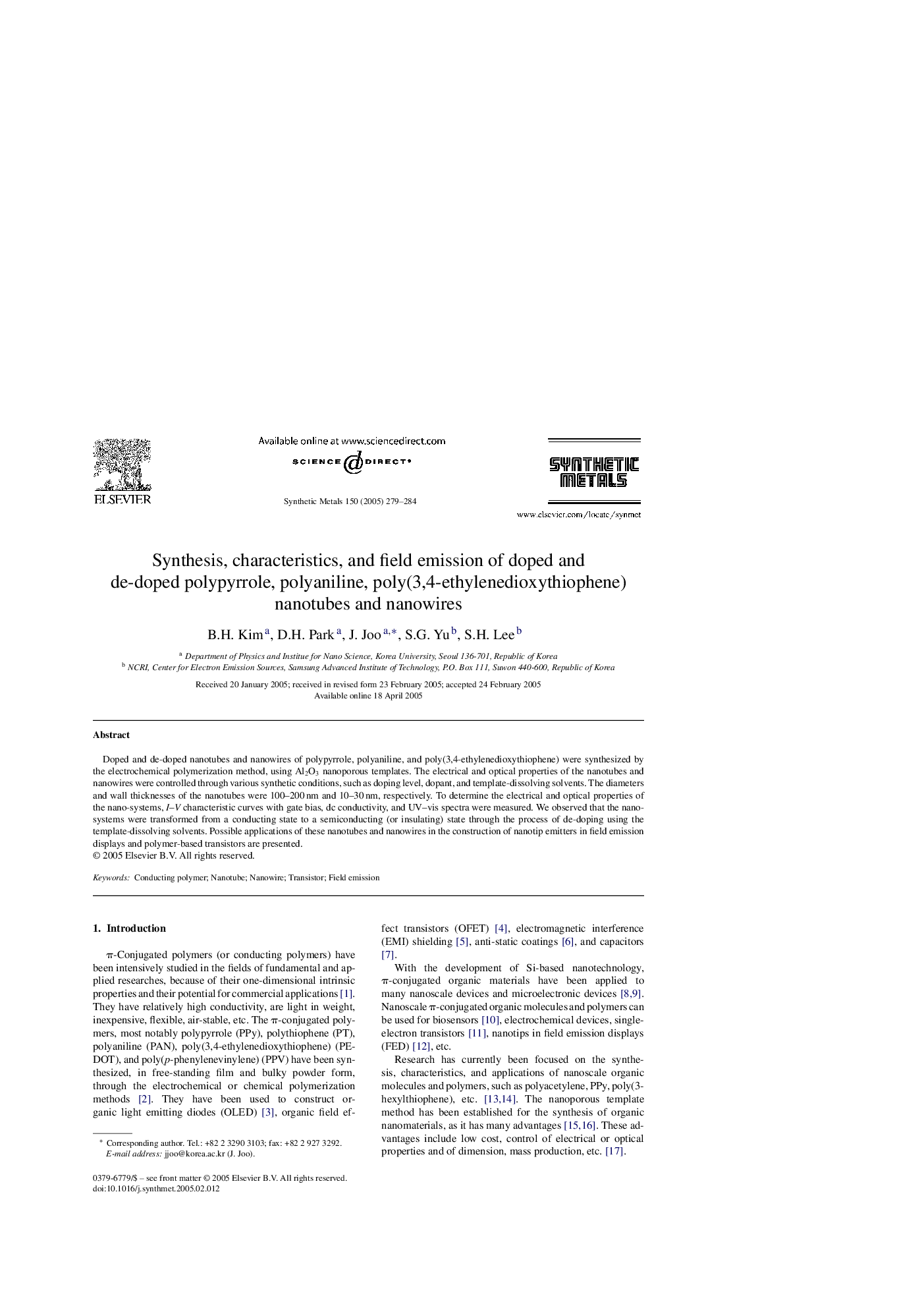 Synthesis, characteristics, and field emission of doped and de-doped polypyrrole, polyaniline, poly(3,4-ethylenedioxythiophene) nanotubes and nanowires