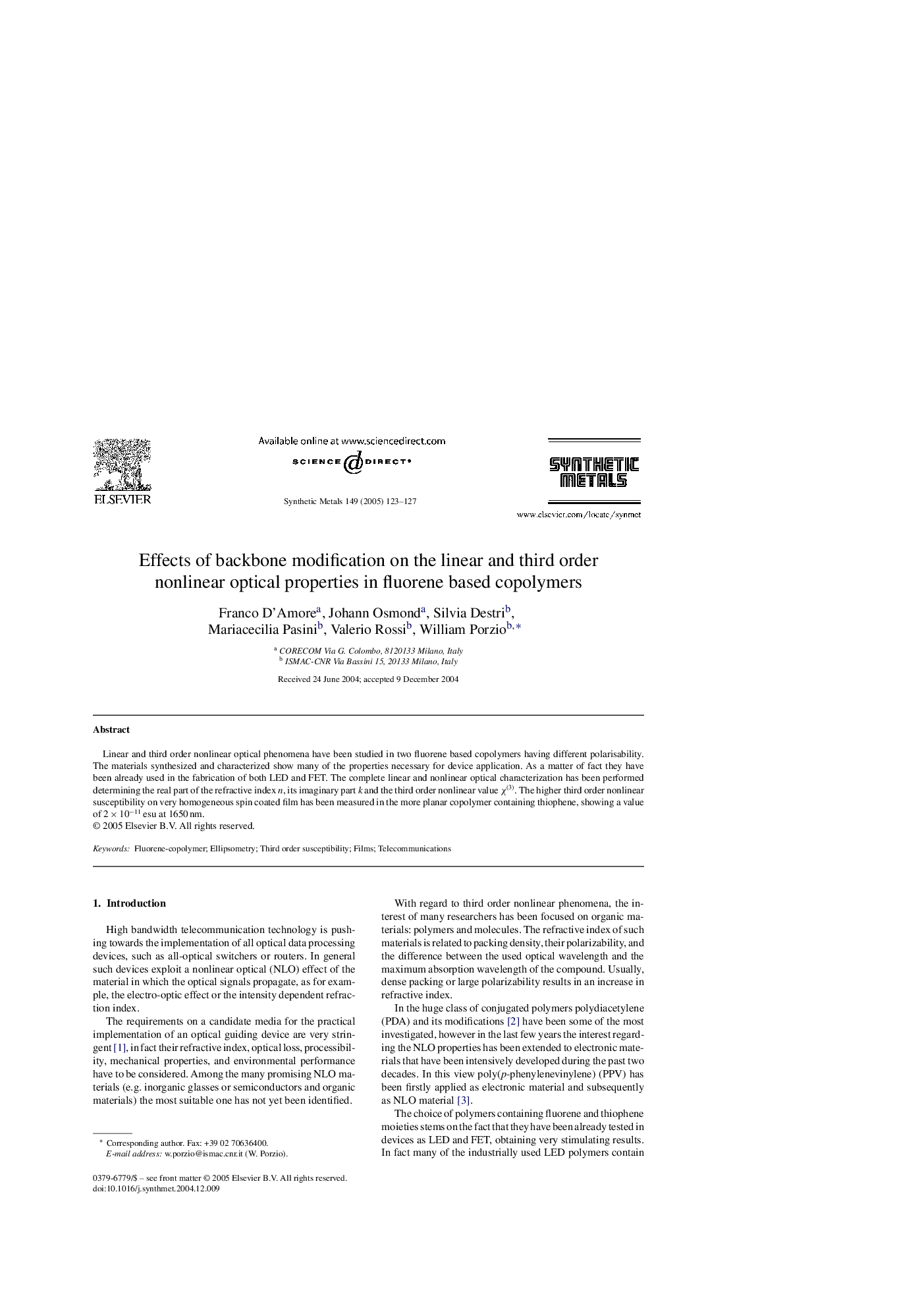 Effects of backbone modification on the linear and third order nonlinear optical properties in fluorene based copolymers