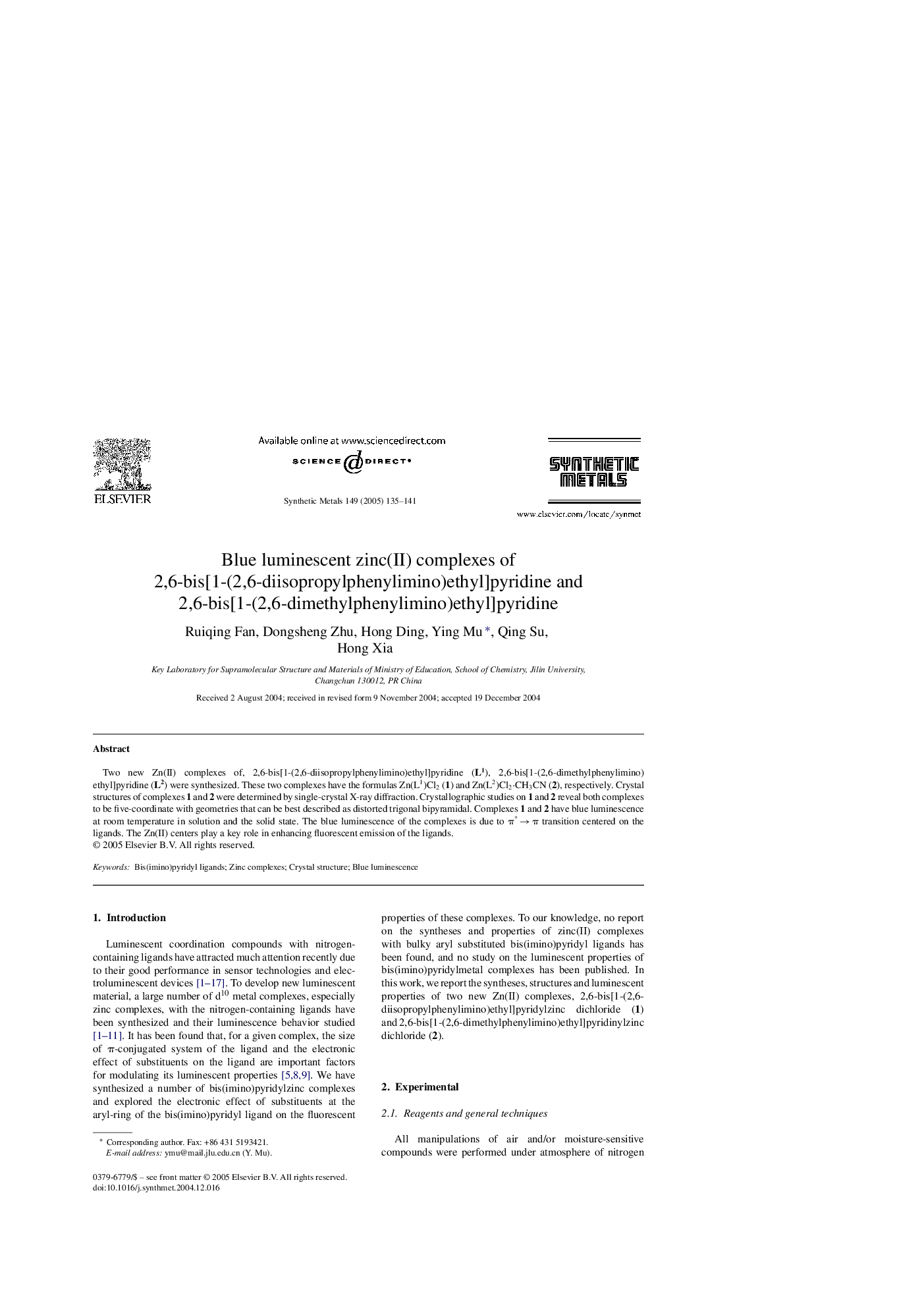 Blue luminescent zinc(II) complexes of 2,6-bis[1-(2,6-diisopropylphenylimino)ethyl]pyridine and 2,6-bis[1-(2,6-dimethylphenylimino)ethyl]pyridine