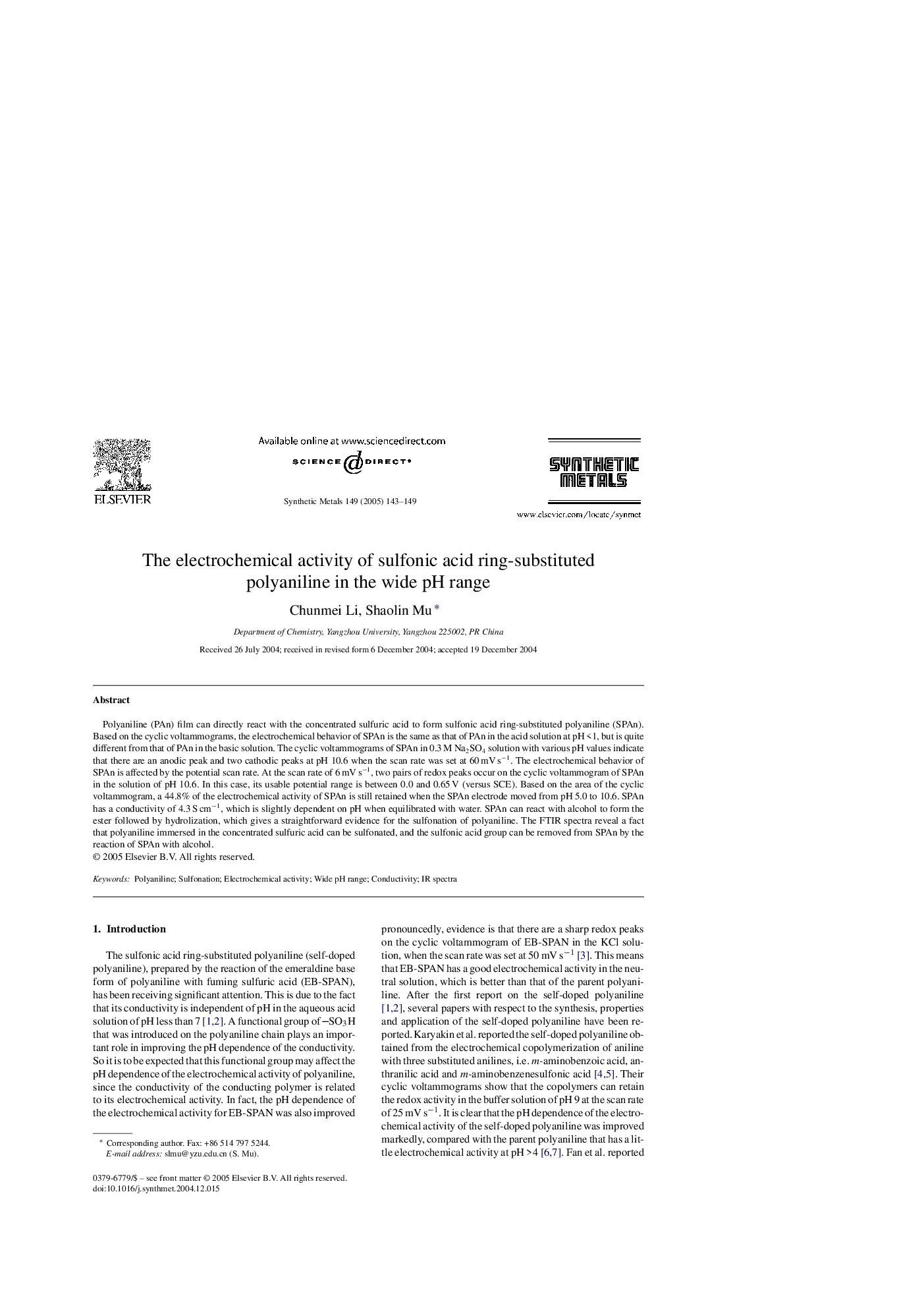 The electrochemical activity of sulfonic acid ring-substituted polyaniline in the wide pH range