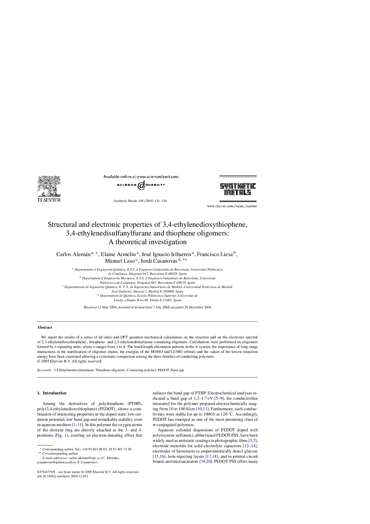 Structural and electronic properties of 3,4-ethylenedioxythiophene, 3,4-ethylenedisulfanylfurane and thiophene oligomers: A theoretical investigation