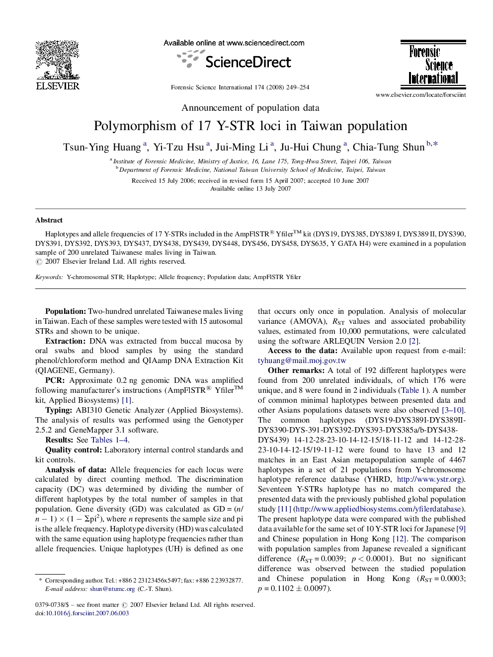 Polymorphism of 17 Y-STR loci in Taiwan population