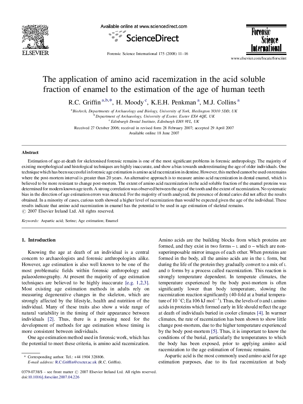 The application of amino acid racemization in the acid soluble fraction of enamel to the estimation of the age of human teeth