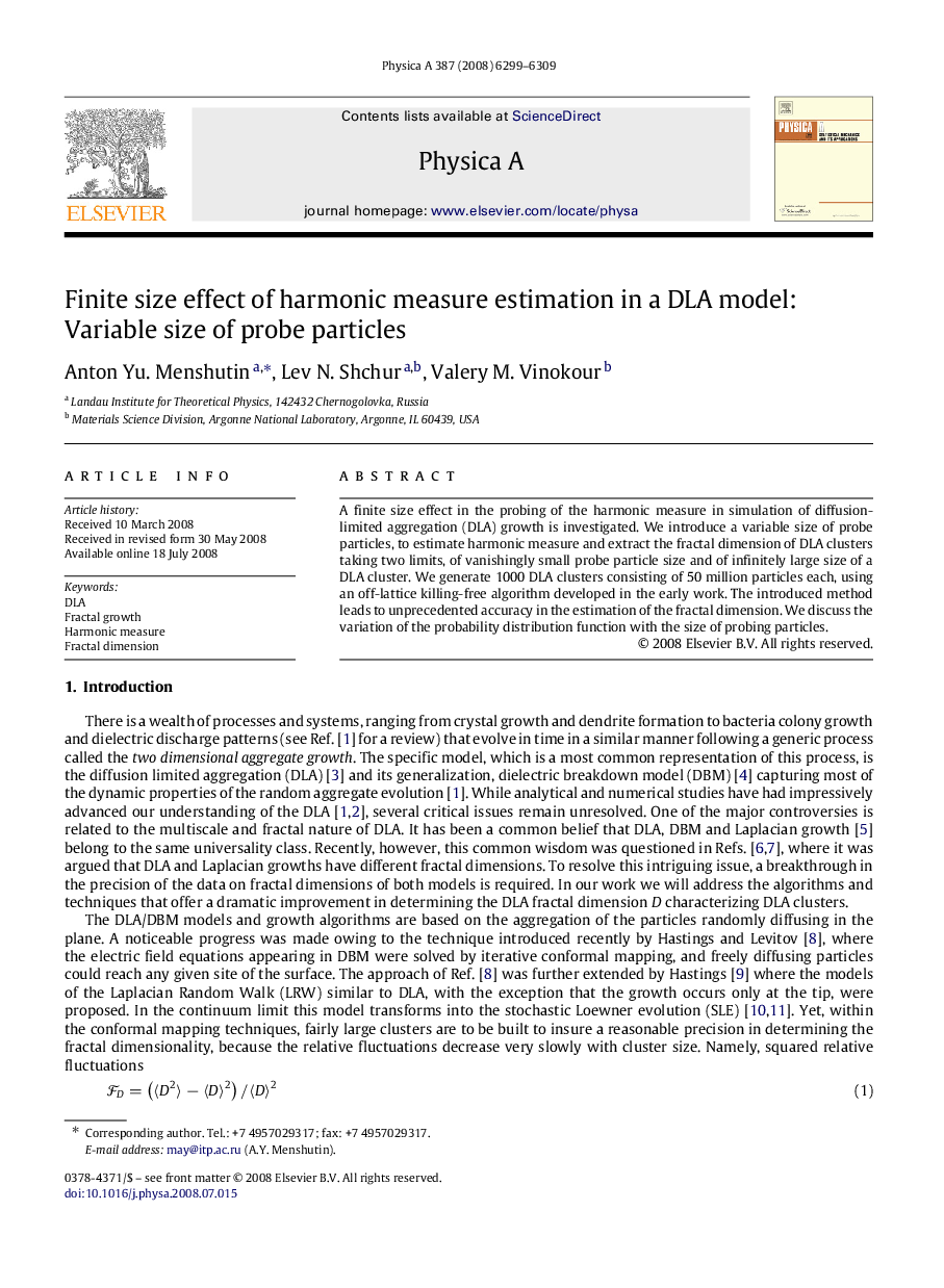 عکس صفحه اول مقاله: Finite size effect of harmonic measure estimation in a DLA model: Variable size of probe particles Finite size effect of harmonic measure estimation in a DLA model: Variable size of probe particles