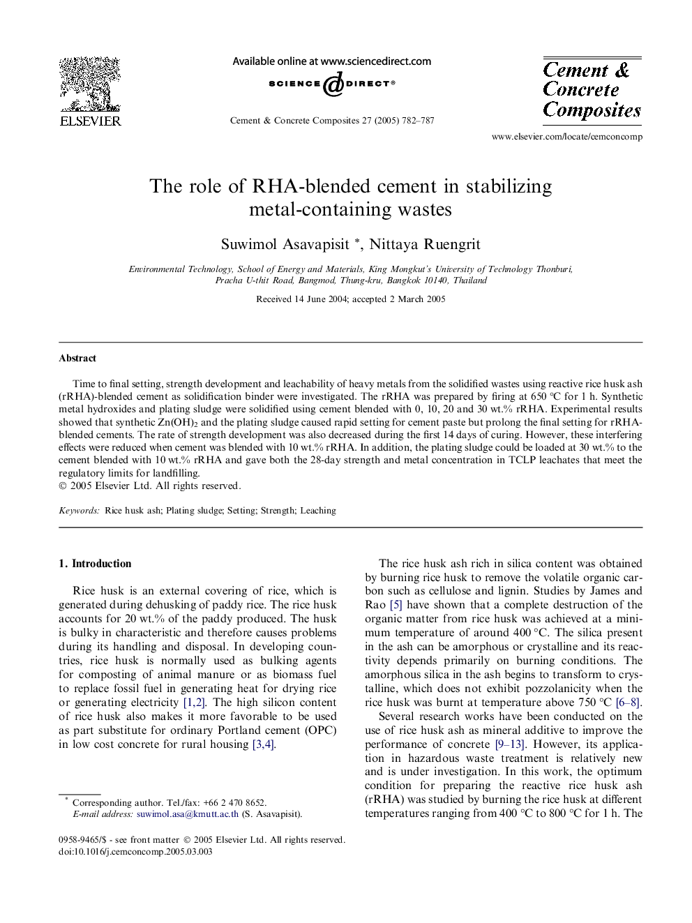 The role of RHA-blended cement in stabilizing metal-containing wastes