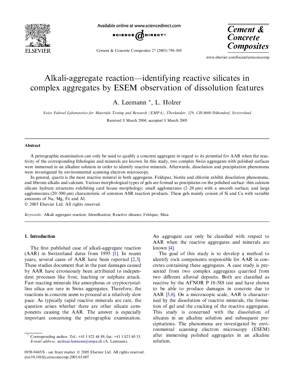 Alkali-aggregate reaction-identifying reactive silicates in complex aggregates by ESEM observation of dissolution features