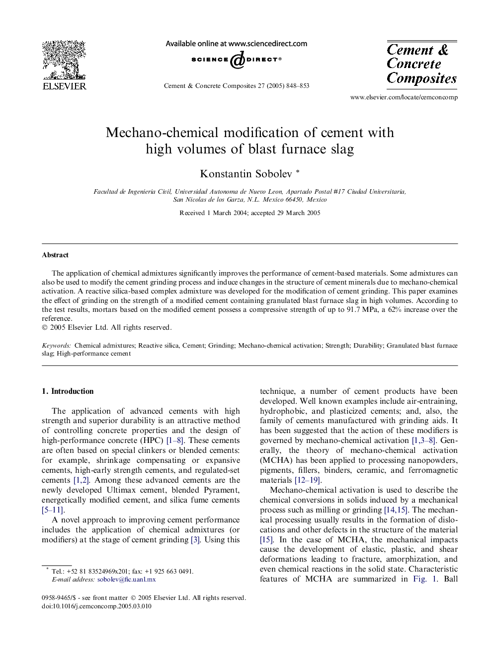 Mechano-chemical modification of cement with high volumes of blast furnace slag