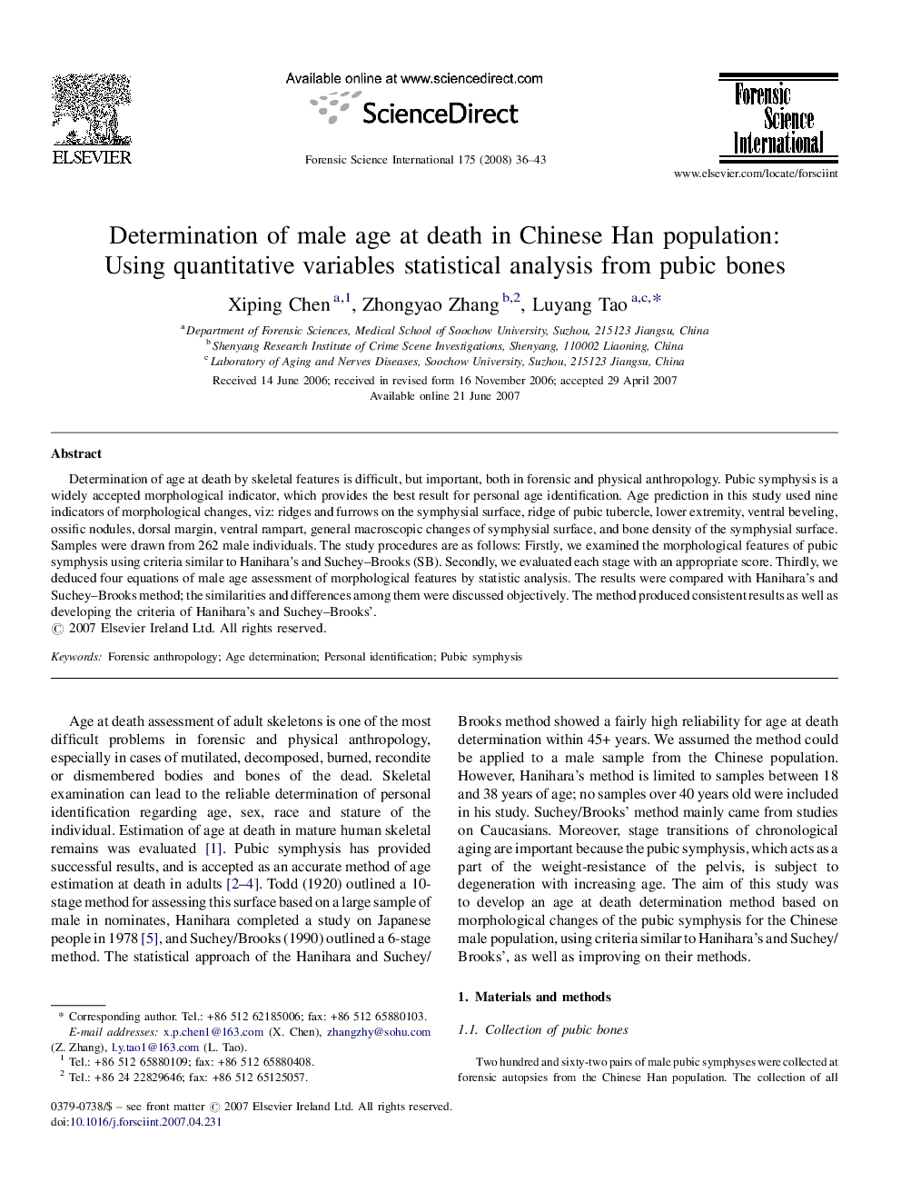 Determination of male age at death in Chinese Han population: Using quantitative variables statistical analysis from pubic bones