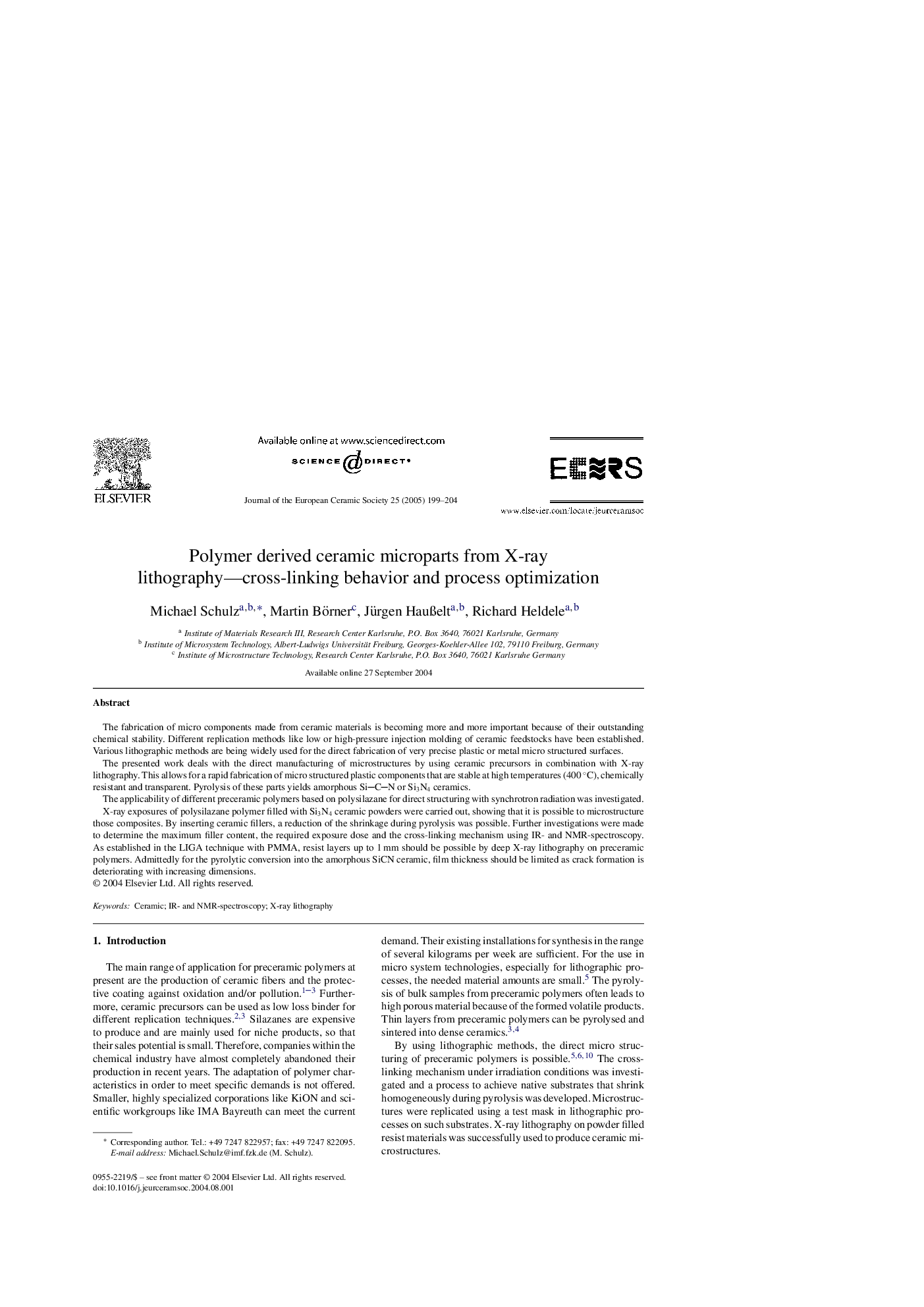 Polymer derived ceramic microparts from X-ray lithography-cross-linking behavior and process optimization