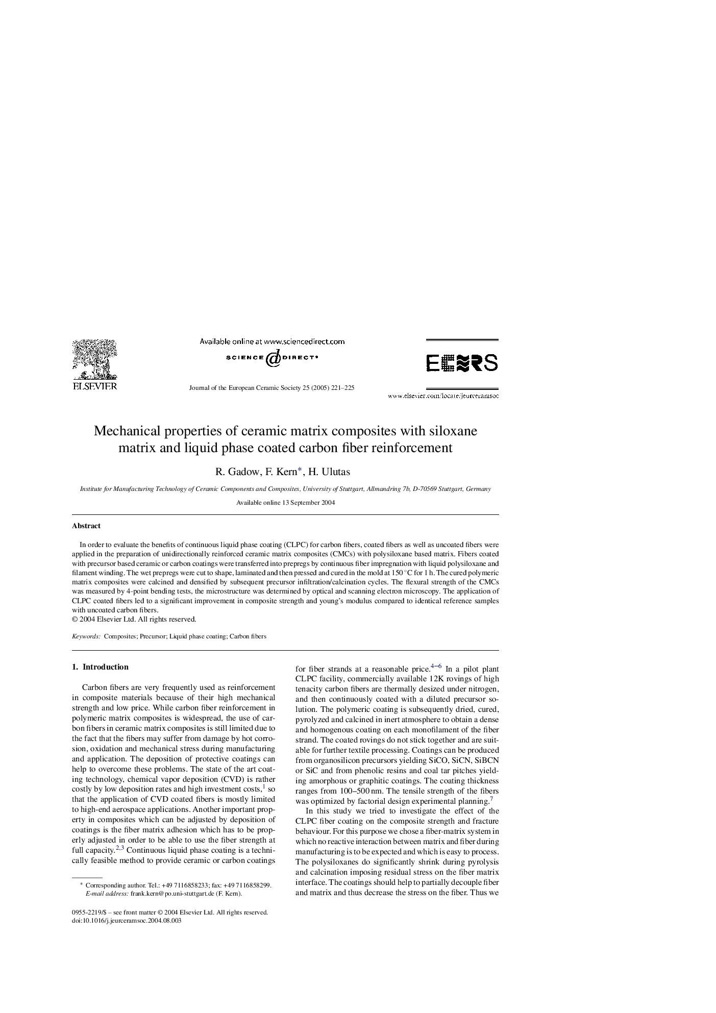 Mechanical properties of ceramic matrix composites with siloxane matrix and liquid phase coated carbon fiber reinforcement