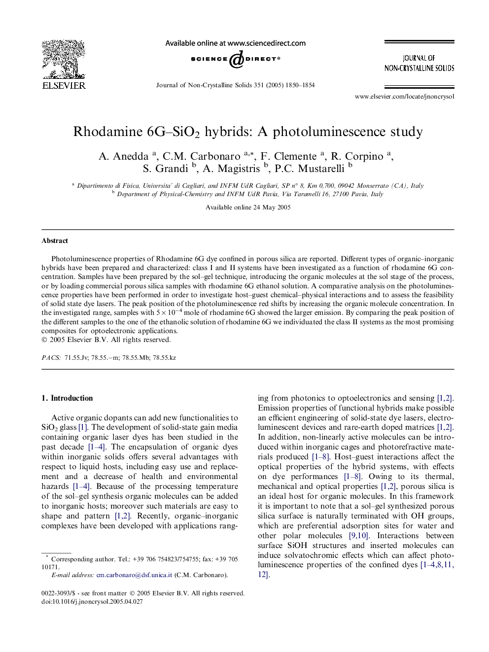 عکس صفحه اول مقاله: Rhodamine 6G-SiO2 hybrids: A photoluminescence study Rhodamine 6G-SiO2 hybrids: A photoluminescence study