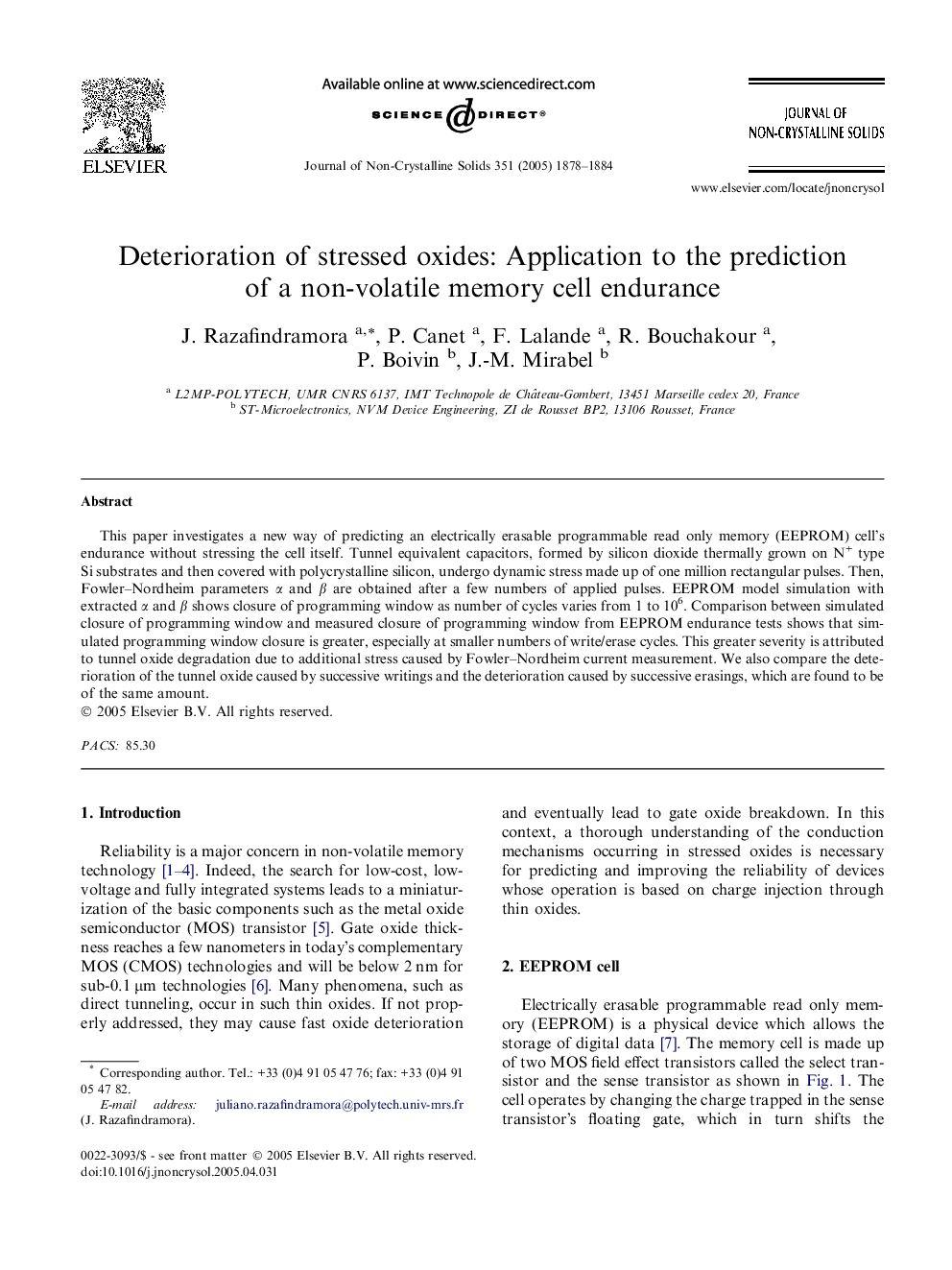 عکس صفحه اول مقاله: Deterioration of stressed oxides: Application to the prediction of a non-volatile memory cell endurance Deterioration of stressed oxides: Application to the prediction of a non-volatile memory cell endurance