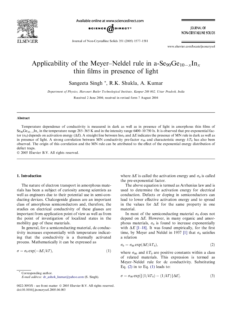 Applicability of the Meyer-Neldel rule in a-Se90Ge10âxInx thin films in presence of light