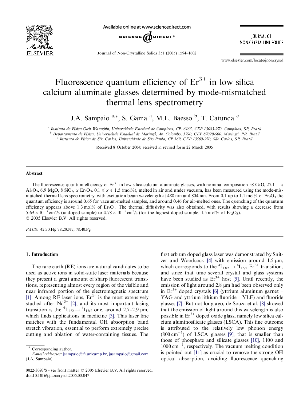 عکس صفحه اول مقاله: Fluorescence quantum efficiency of Er3+ in low silica calcium aluminate glasses determined by mode-mismatched thermal lens spectrometry Fluorescence quantum efficiency of Er3+ in low silica calcium aluminate glasses determined by mode-mismatched thermal lens spectrometry