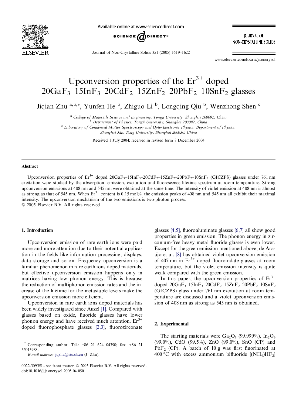 عکس صفحه اول مقاله: Upconversion properties of the Er3+ doped 20GaF3-15InF3-20CdF2-15ZnF2-20PbF2-10SnF2 glasses Upconversion properties of the Er3+ doped 20GaF3-15InF3-20CdF2-15ZnF2-20PbF2-10SnF2 glasses