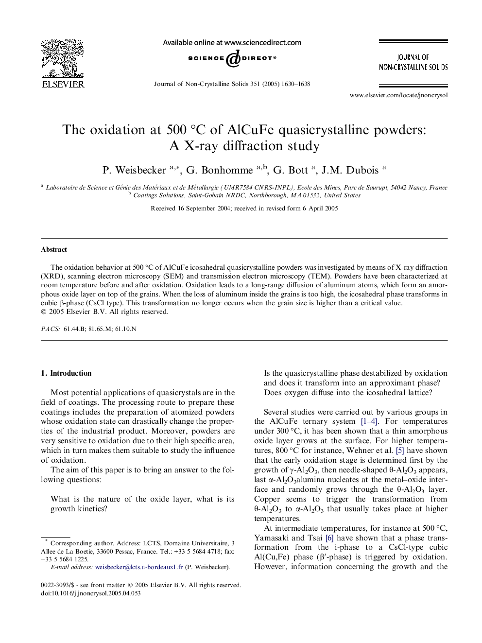 The oxidation at 500Â Â°C of AlCuFe quasicrystalline powders: A X-ray diffraction study