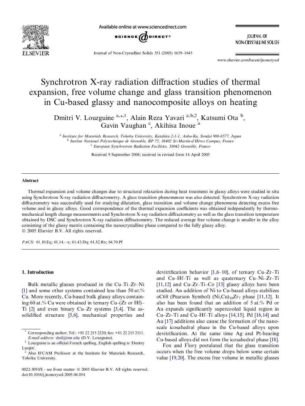 Synchrotron X-ray radiation diffraction studies of thermal expansion, free volume change and glass transition phenomenon in Cu-based glassy and nanocomposite alloys on heating