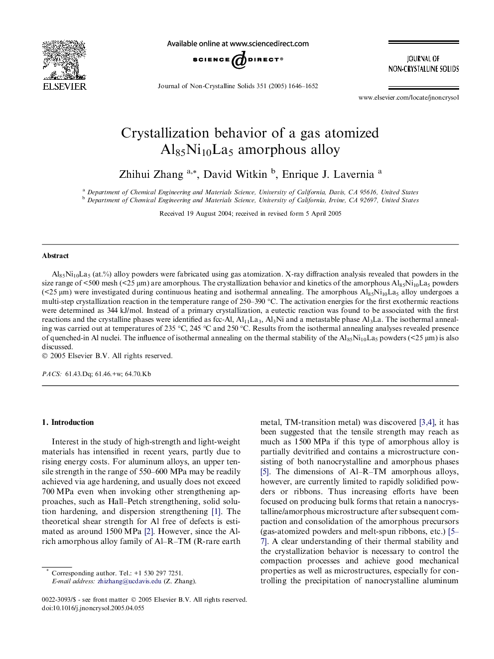 Crystallization behavior of a gas atomized Al85Ni10La5 amorphous alloy