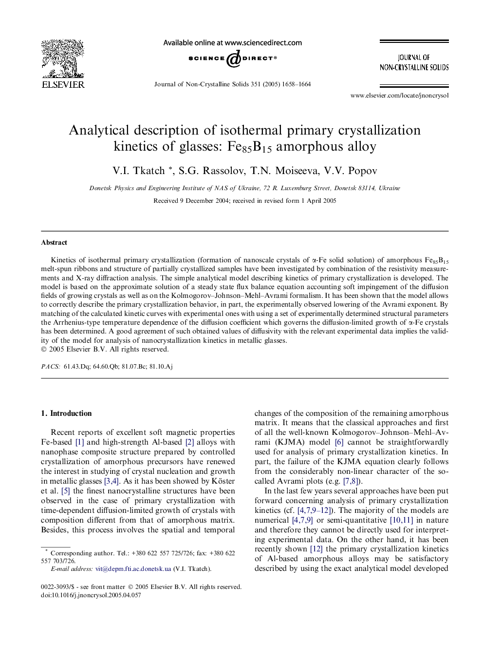 Analytical description of isothermal primary crystallization kinetics of glasses: Fe85B15 amorphous alloy