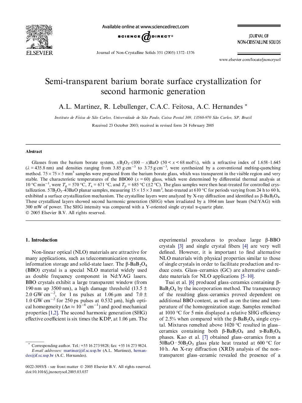 Semi-transparent barium borate surface crystallization for second harmonic generation