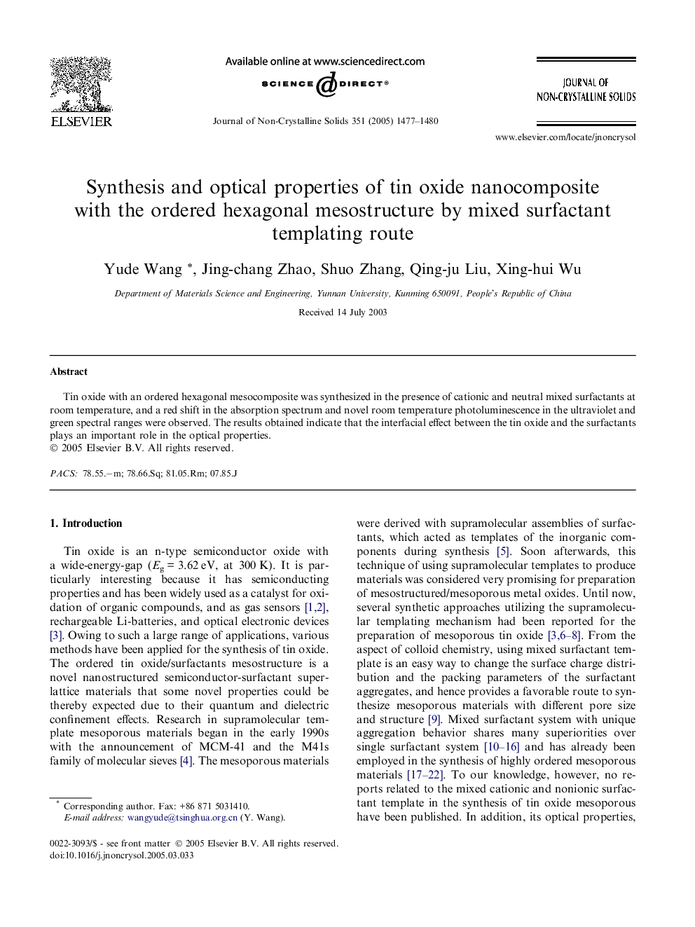 Synthesis and optical properties of tin oxide nanocomposite with the ordered hexagonal mesostructure by mixed surfactant templating route