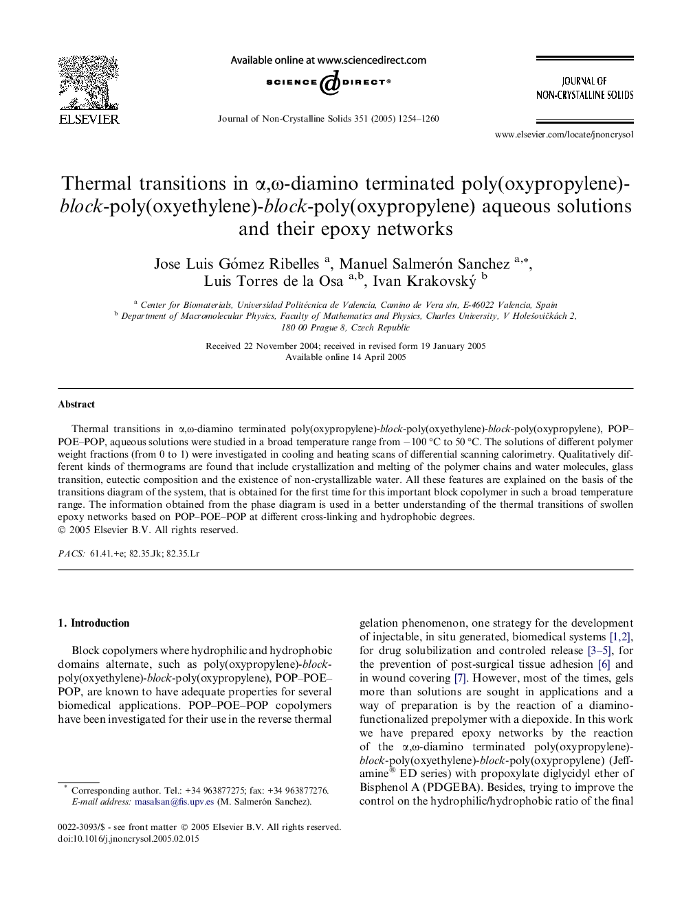 Thermal transitions in Î±,Ï-diamino terminated poly(oxypropylene)-block-poly(oxyethylene)-block-poly(oxypropylene) aqueous solutions and their epoxy networks
