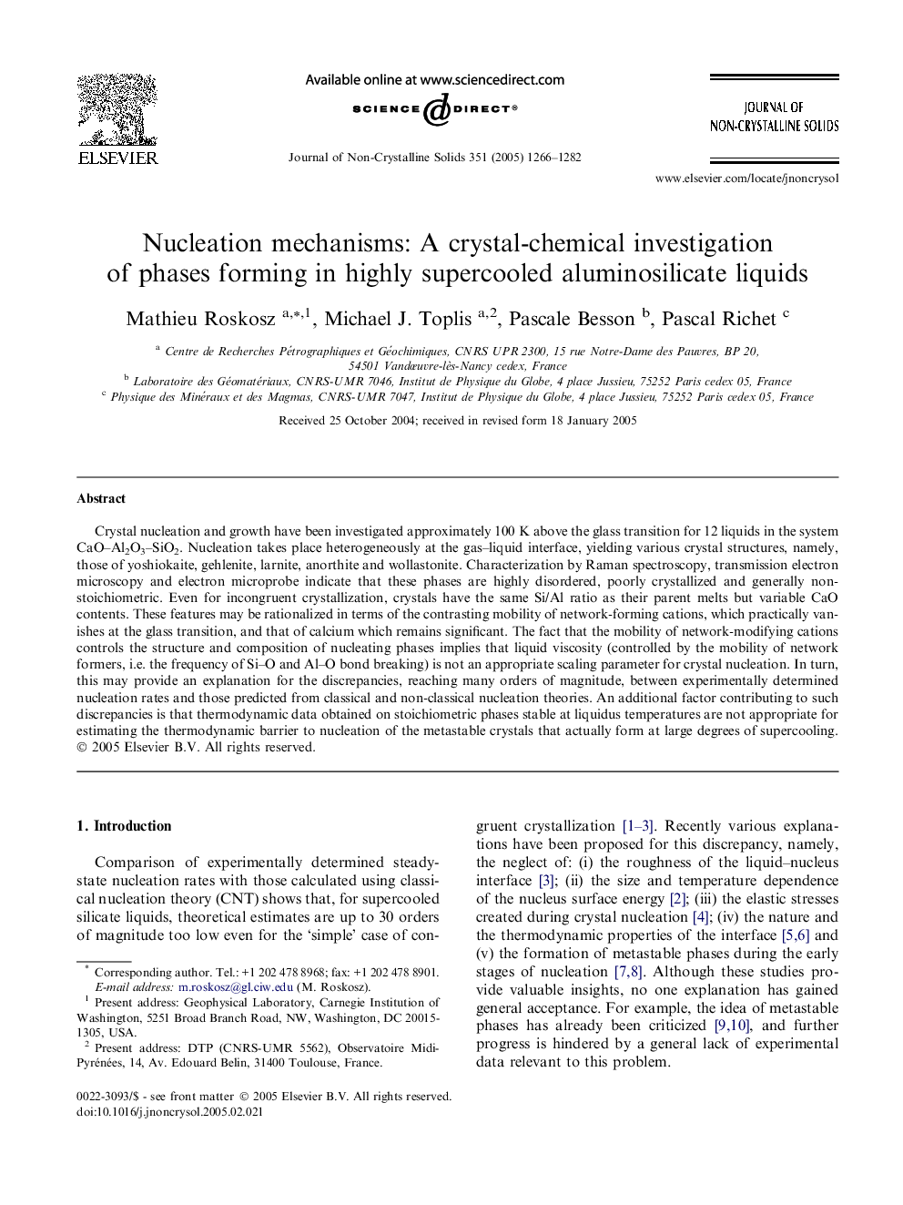 عکس صفحه اول مقاله: Nucleation mechanisms: A crystal-chemical investigation of phases forming in highly supercooled aluminosilicate liquids Nucleation mechanisms: A crystal-chemical investigation of phases forming in highly supercooled aluminosilicate liquids