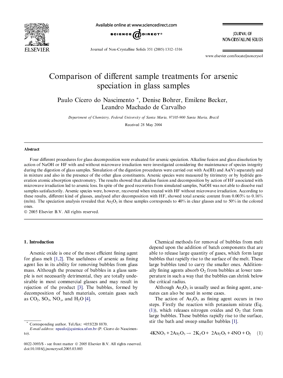 عکس صفحه اول مقاله: Comparison of different sample treatments for arsenic speciation in glass samples Comparison of different sample treatments for arsenic speciation in glass samples
