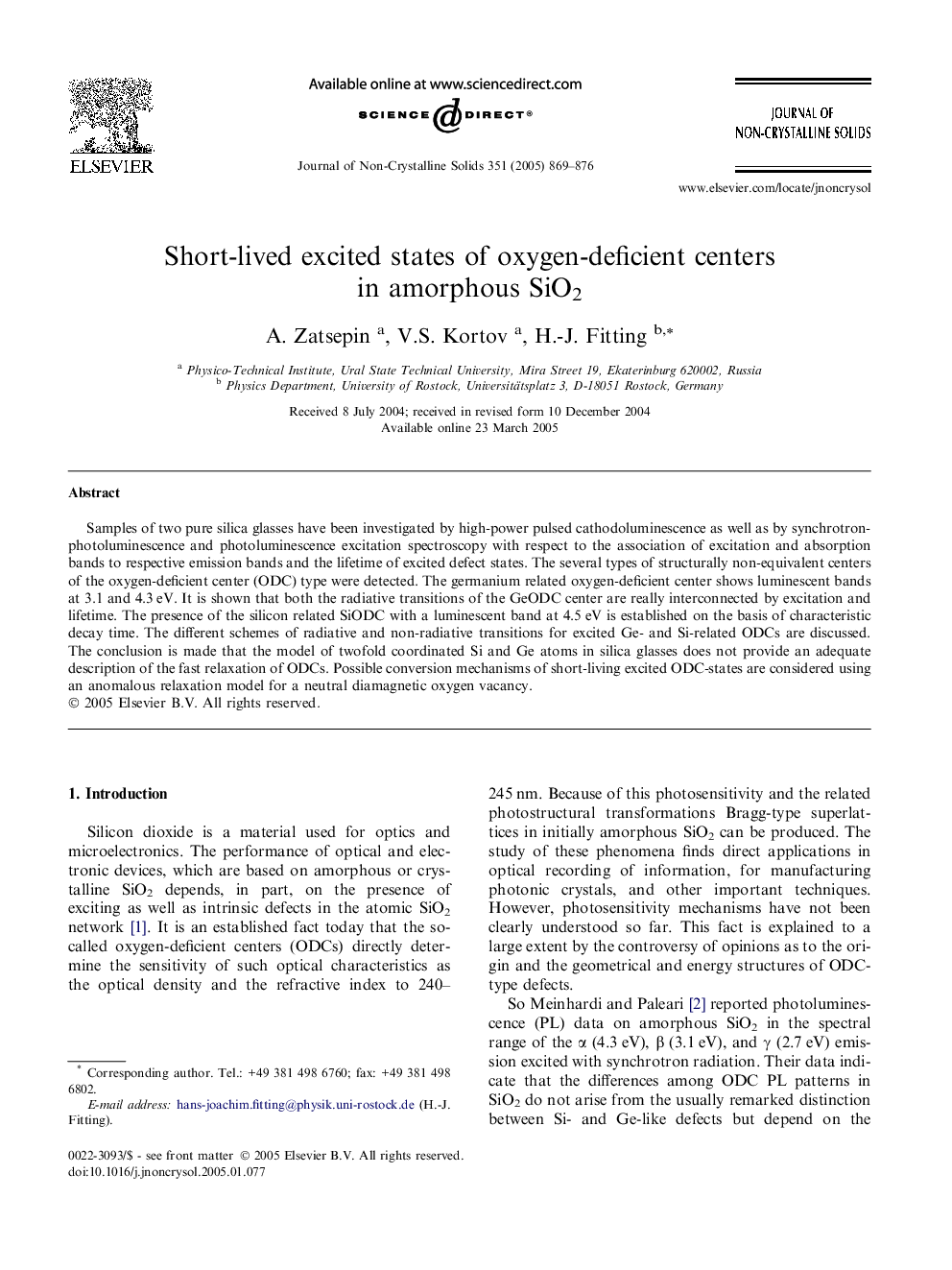 عکس صفحه اول مقاله: Short-lived excited states of oxygen-deficient centers in amorphous SiO2 Short-lived excited states of oxygen-deficient centers in amorphous SiO2