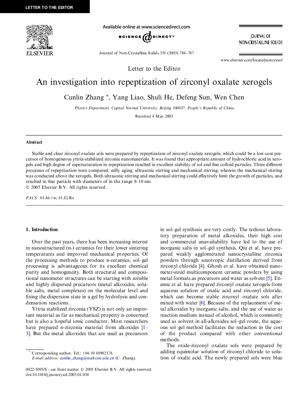 An investigation into repeptization of zirconyl oxalate xerogels