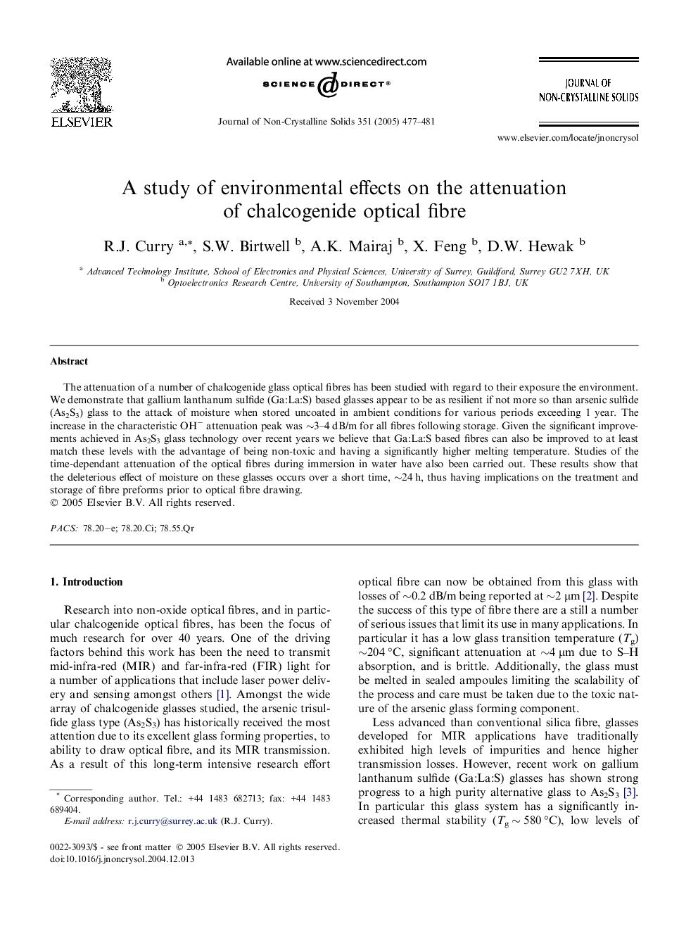 A study of environmental effects on the attenuation of chalcogenide optical fibre