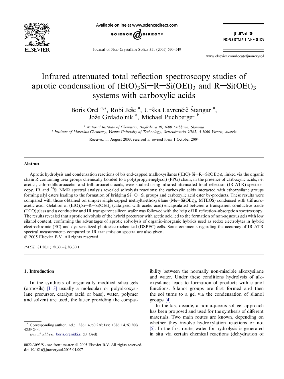 Infrared attenuated total reflection spectroscopy studies of aprotic condensation of (EtO)3SiRSi(OEt)3 and RSi(OEt)3 systems with carboxylic acids