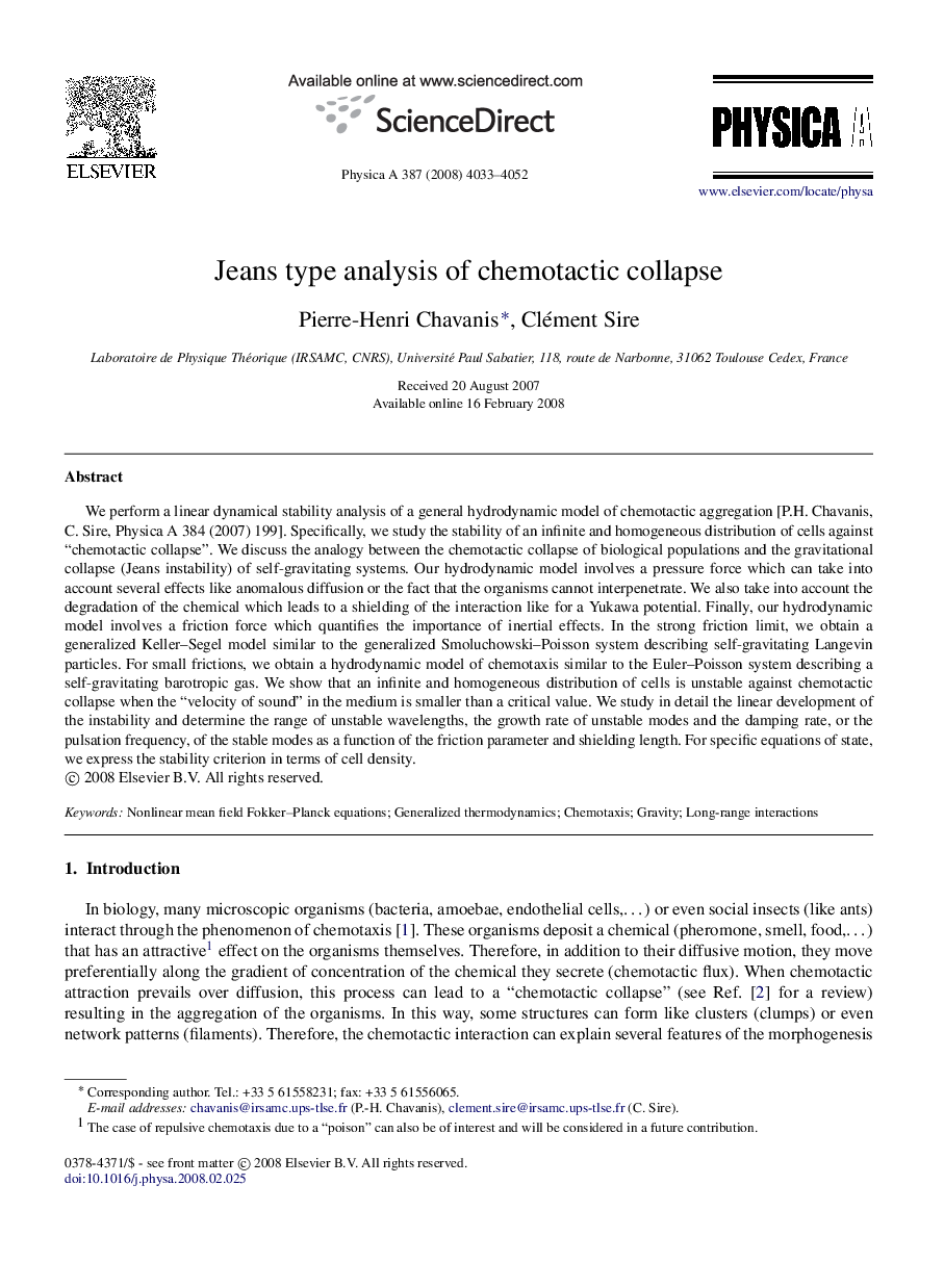 Jeans type analysis of chemotactic collapse