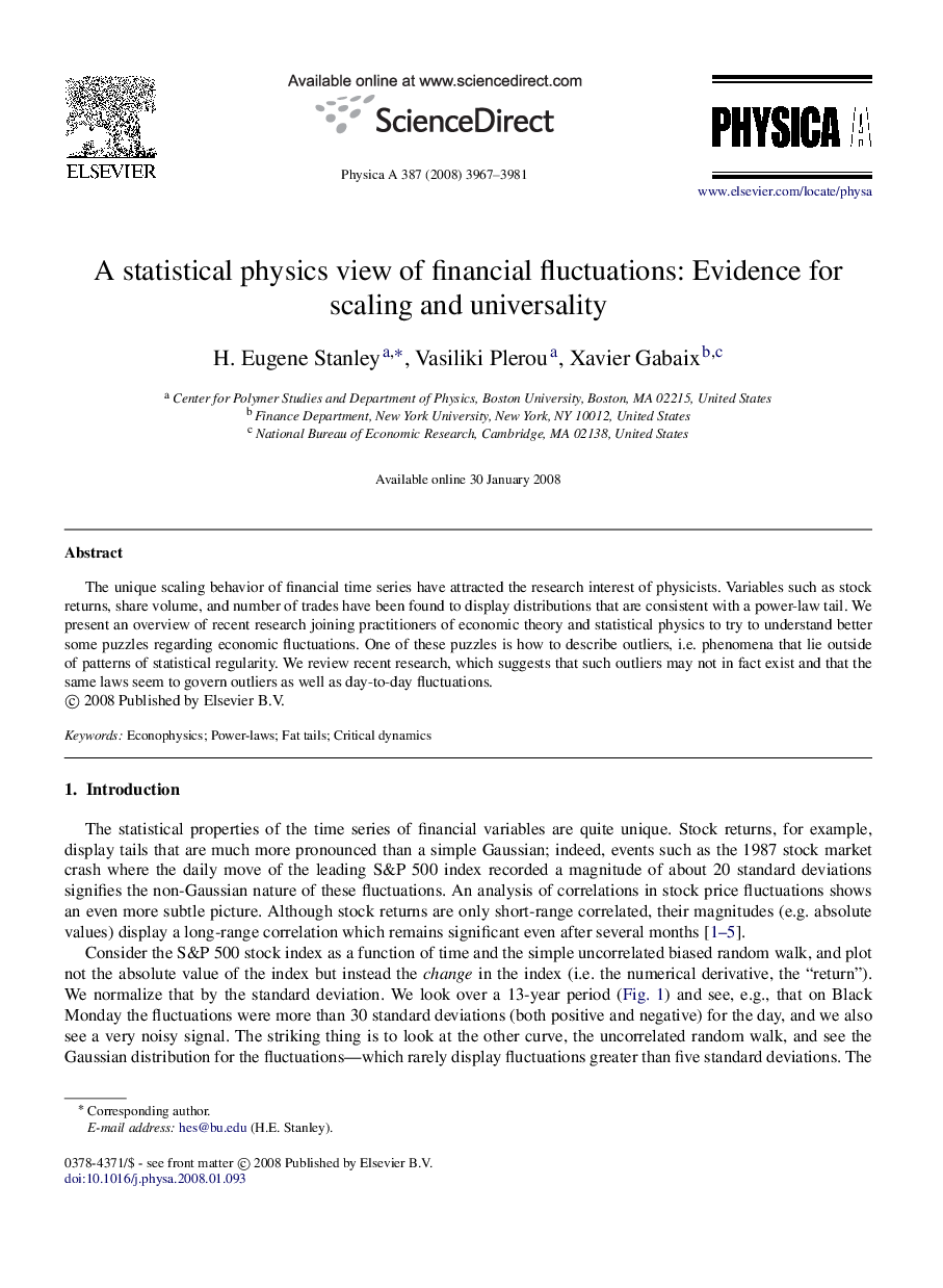 A statistical physics view of financial fluctuations: Evidence for scaling and universality