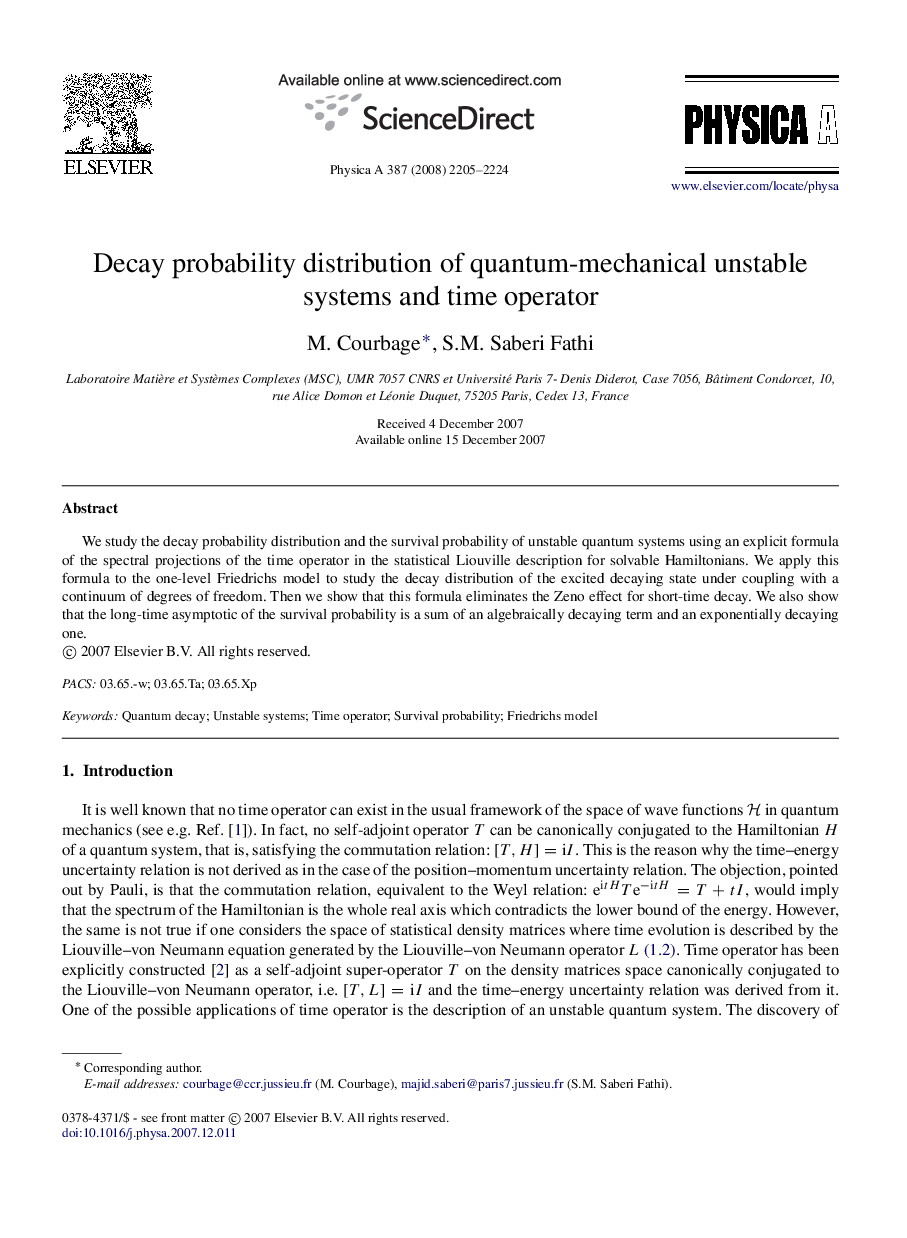 Decay probability distribution of quantum-mechanical unstable systems and time operator