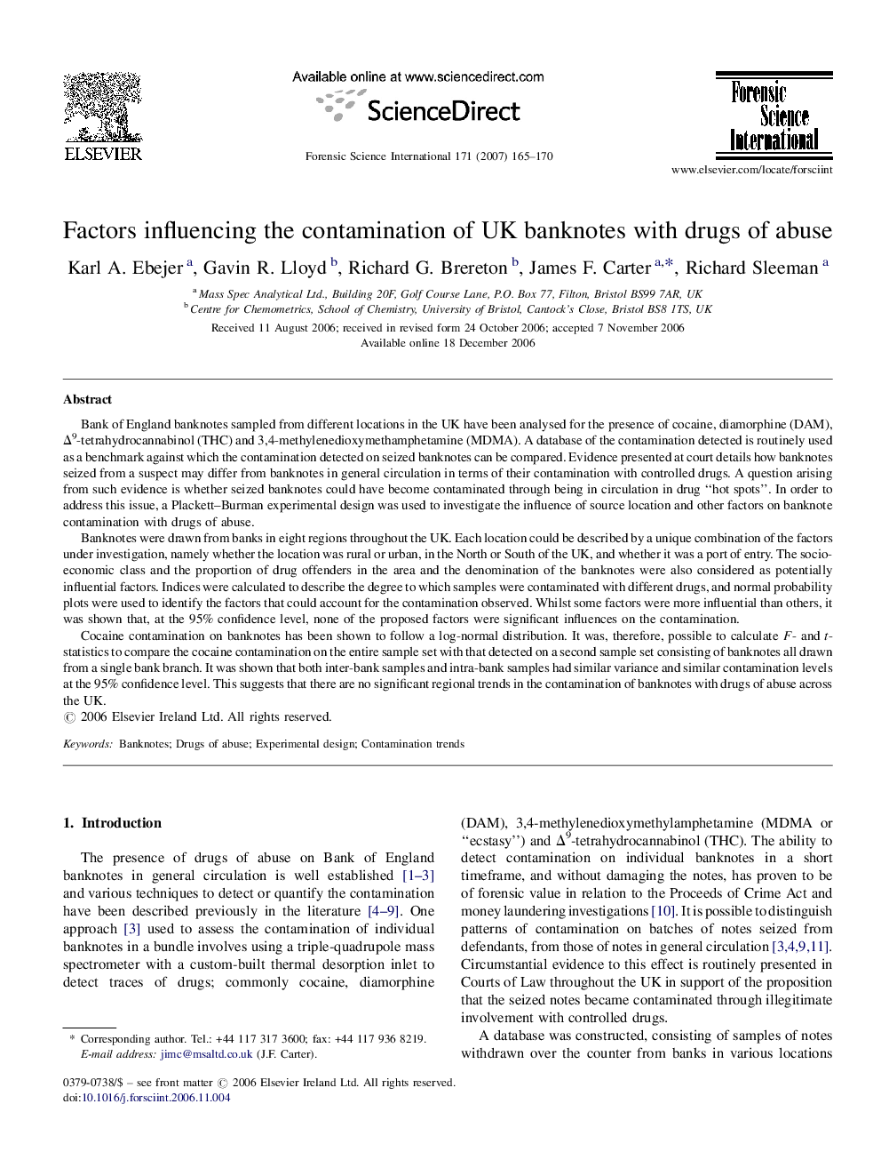 Factors influencing the contamination of UK banknotes with drugs of abuse