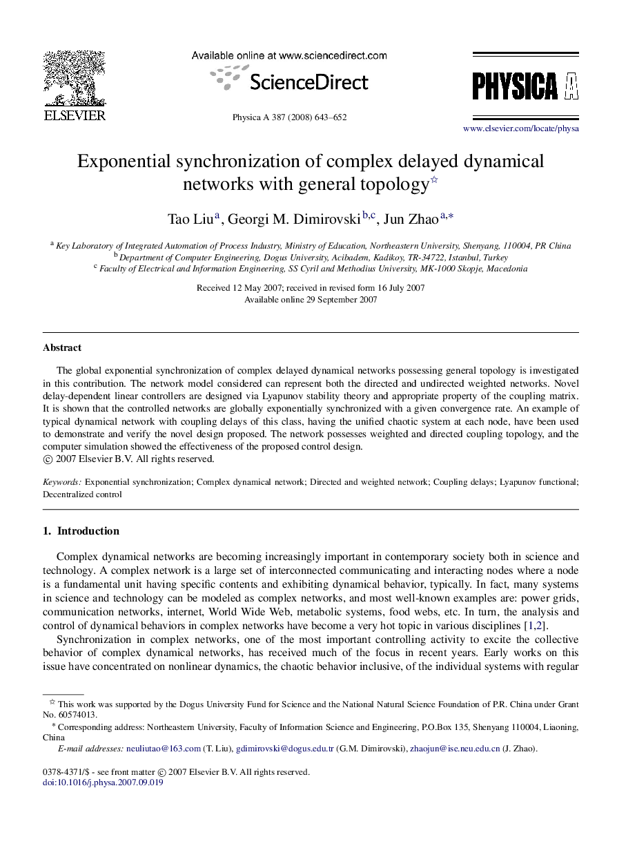 Exponential synchronization of complex delayed dynamical networks with general topology 