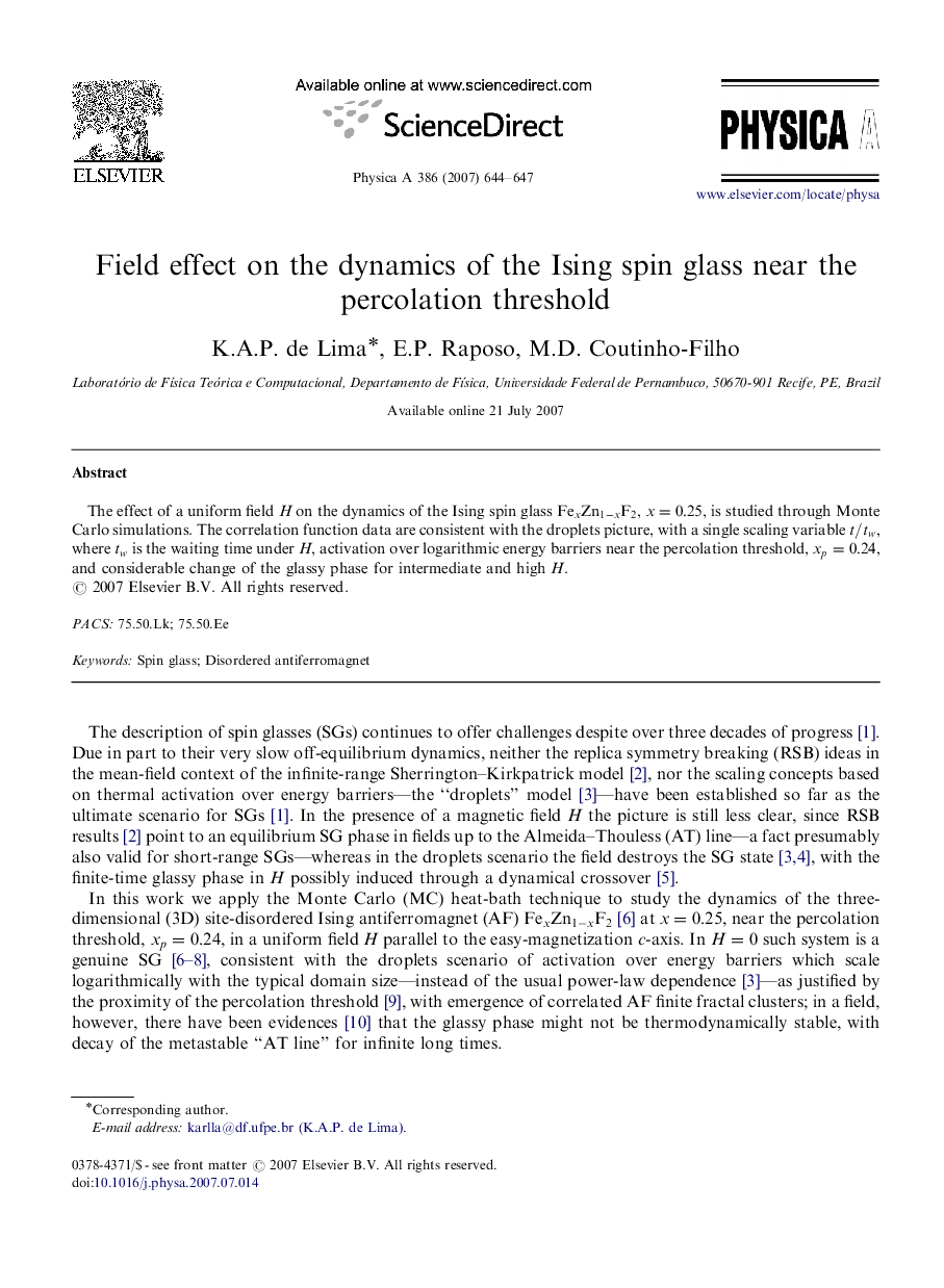 Field effect on the dynamics of the Ising spin glass near the percolation threshold