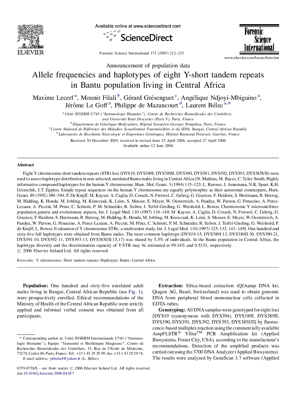 عکس صفحه اول مقاله: Allele frequencies and haplotypes of eight Y-short tandem repeats in Bantu population living in Central Africa Allele frequencies and haplotypes of eight Y-short tandem repeats in Bantu population living in Central Africa