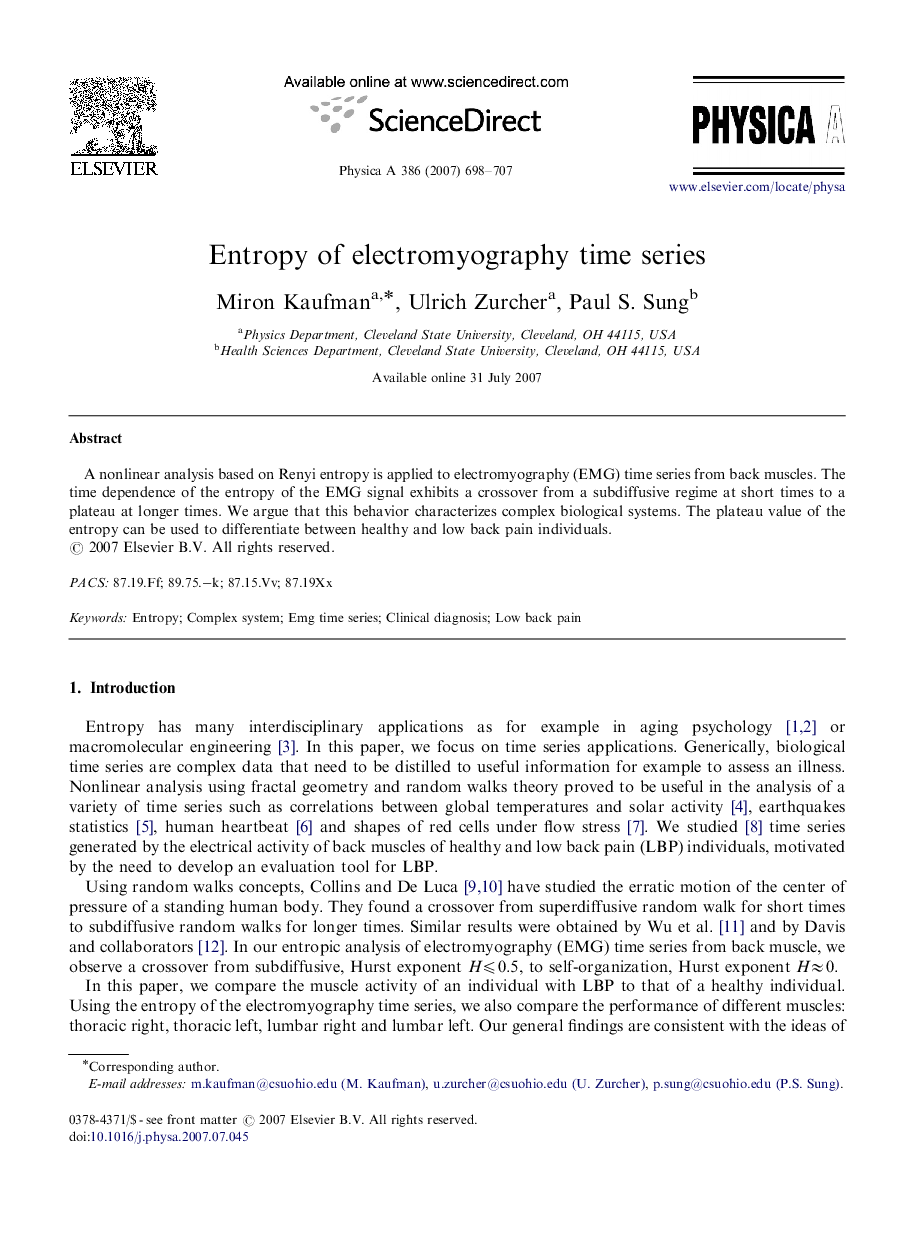 Entropy of electromyography time series