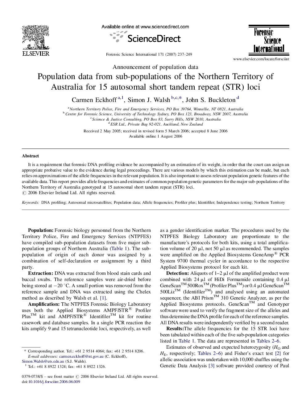 Population data from sub-populations of the Northern Territory of Australia for 15 autosomal short tandem repeat (STR) loci