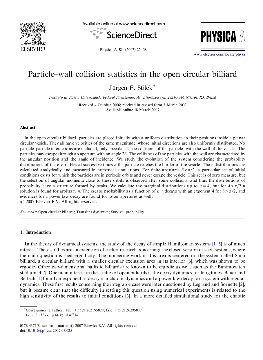 Particle-wall collision statistics in the open circular billiard