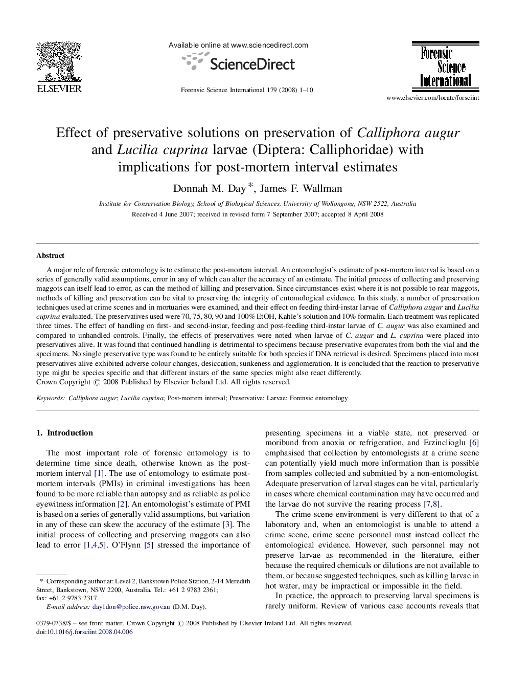 Effect of preservative solutions on preservation of Calliphora augur and Lucilia cuprina larvae (Diptera: Calliphoridae) with implications for post-mortem interval estimates