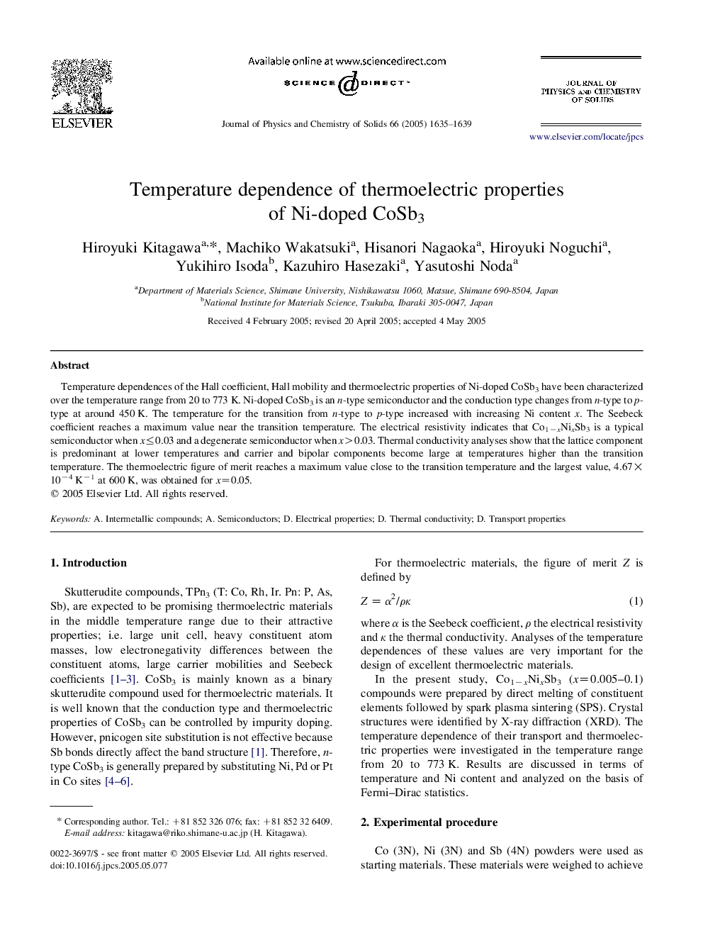 Temperature dependence of thermoelectric properties of Ni-doped CoSb3