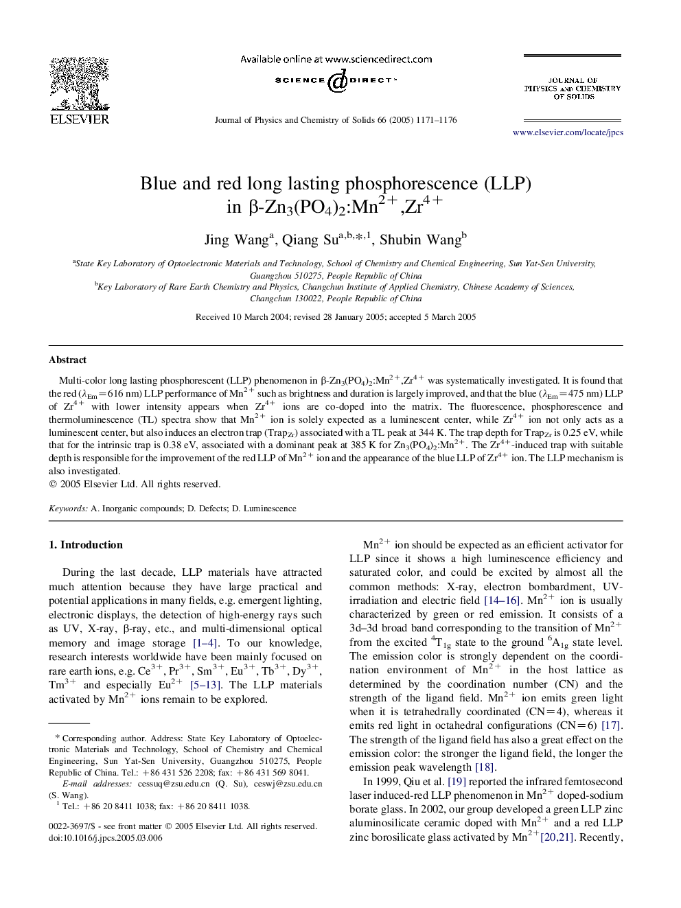 Blue and red long lasting phosphorescence (LLP) in Î²-Zn3(PO4)2:Mn2+,Zr4+