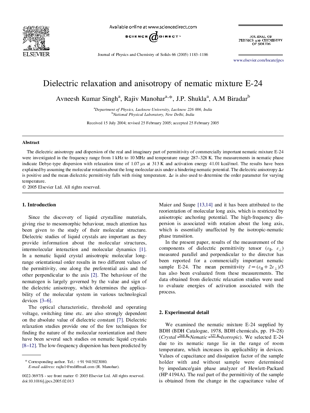 Dielectric relaxation and anisotropy of nematic mixture E-24