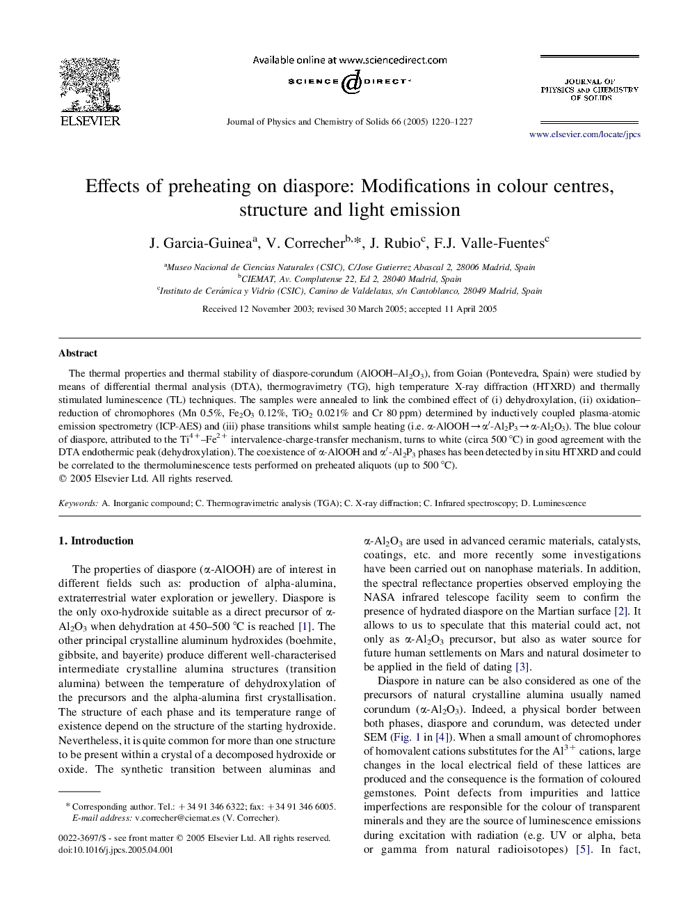 Effects of preheating on diaspore: Modifications in colour centres, structure and light emission