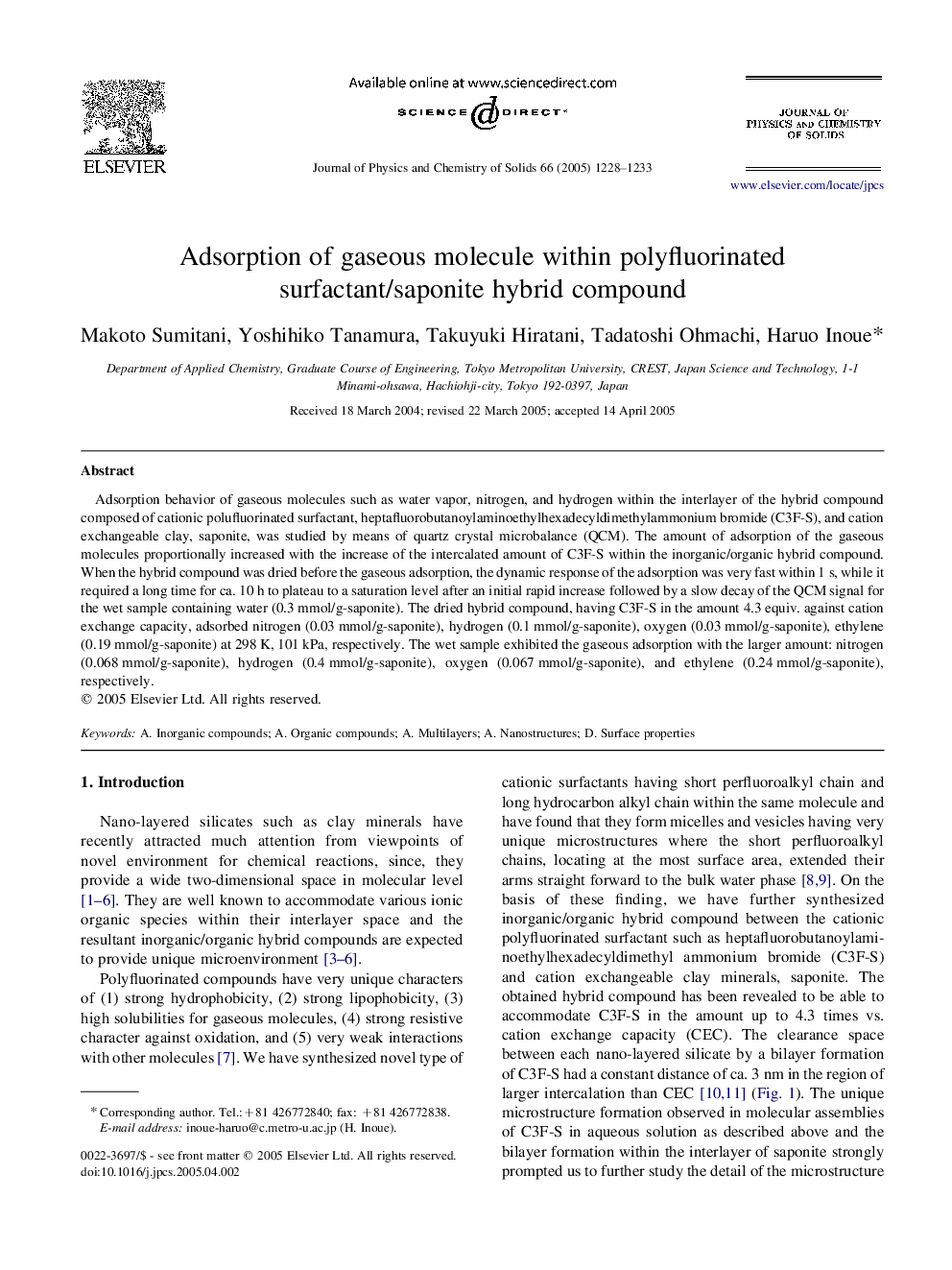 Adsorption of gaseous molecule within polyfluorinated surfactant/saponite hybrid compound